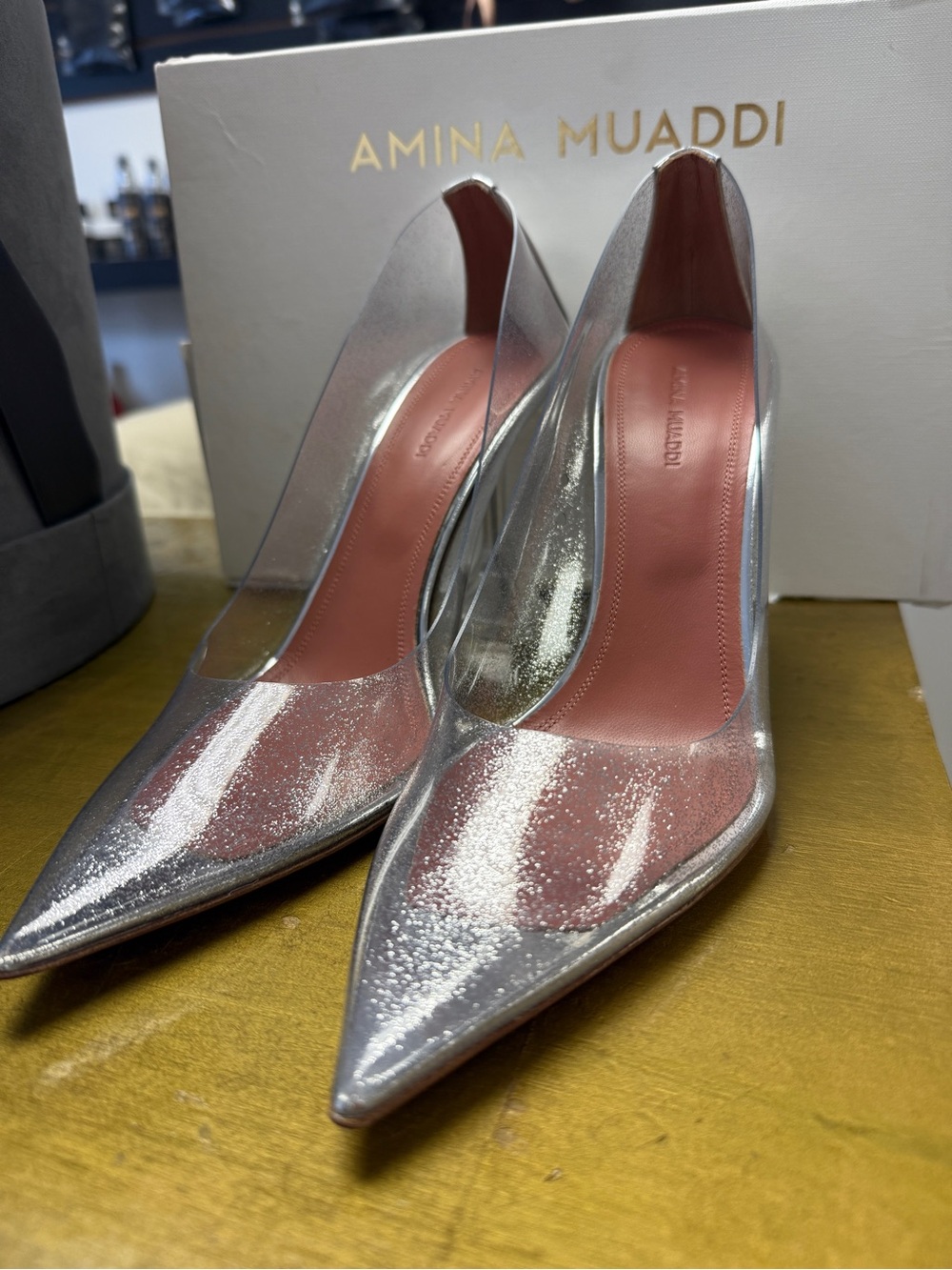 Amina Muaddi Silver Pointed-Toe Clear-Side Pump